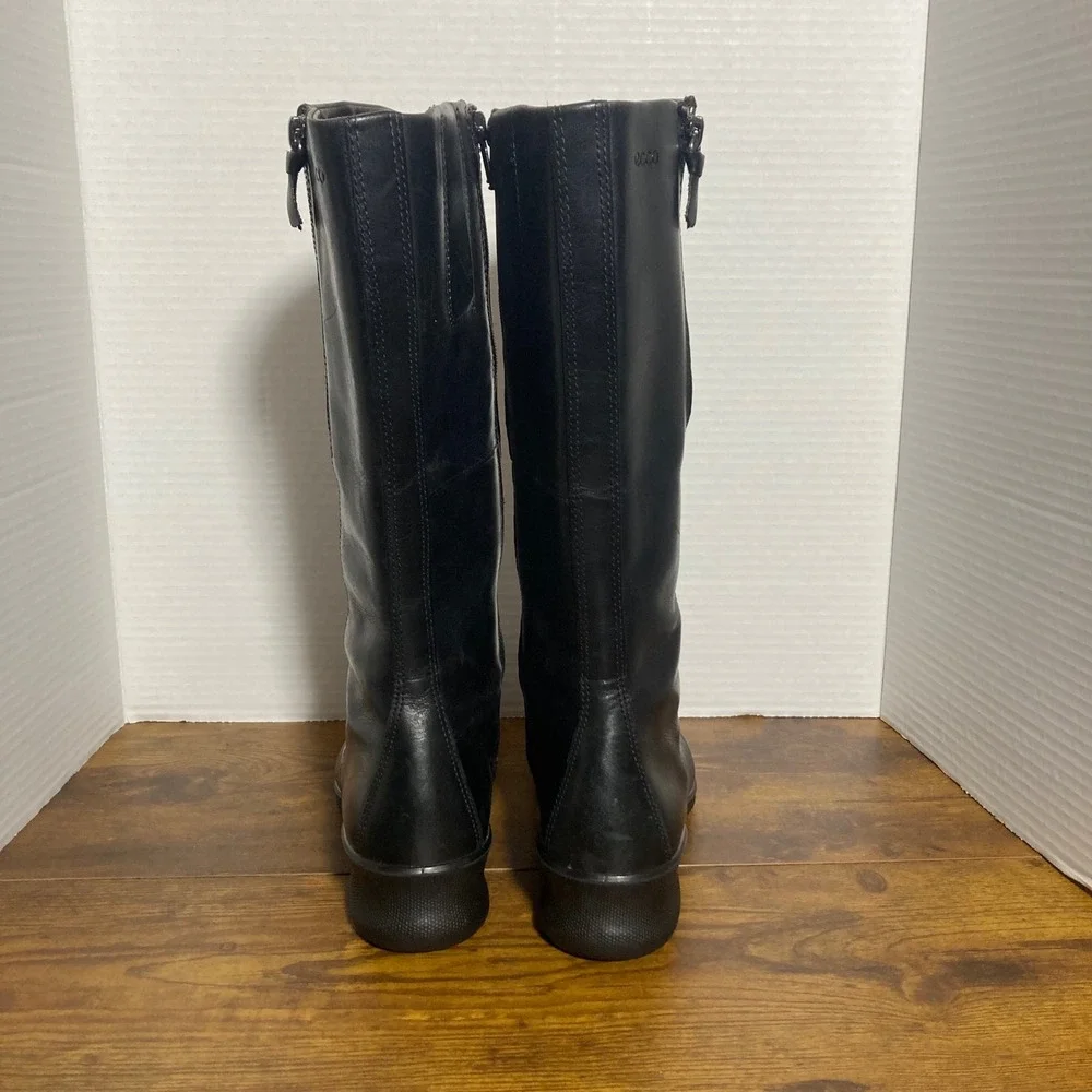 ECCO Gore-Tex Black Leather Tall Boots Women EU‎ 38 Side Zip Waterproof Comfort